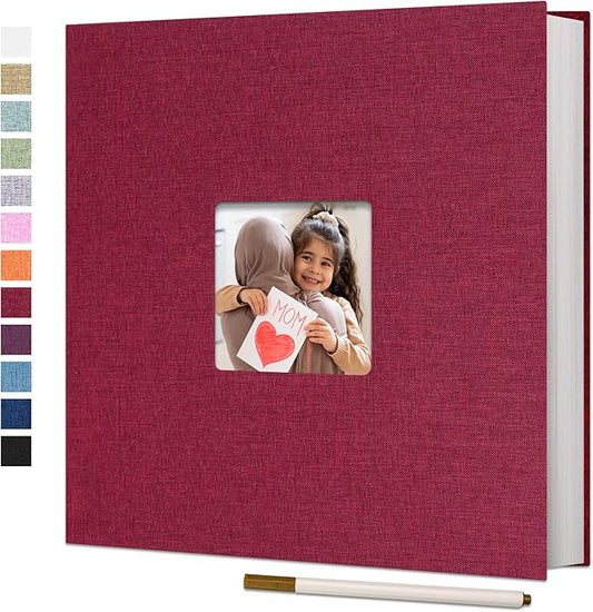 Vienrose Large Photo Album Self Adhesive for 4x6 8x10 10x12 Pictures Linen Scrapbook Album DIY 60 Blank Pages with A Metallic Pen Red