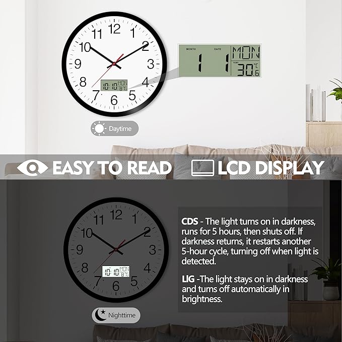 12" Digital Wall Clock with Temp Week Switchable Time and Perprtual Calendar on LCD Display, Silent Battery Operated Analog Clock for Bedroom Classroom Office Garage (Black)