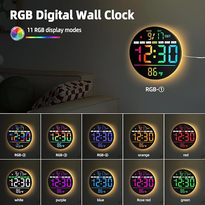 Digital Wall Clock, 8'' Round Digital Clock with Large Display, 11RGB Colors,Remote Control, Auto-Brightness,Temperature,DST,Night Light, Alarm, Count Down Timer for Classroom/Bedroom/Office