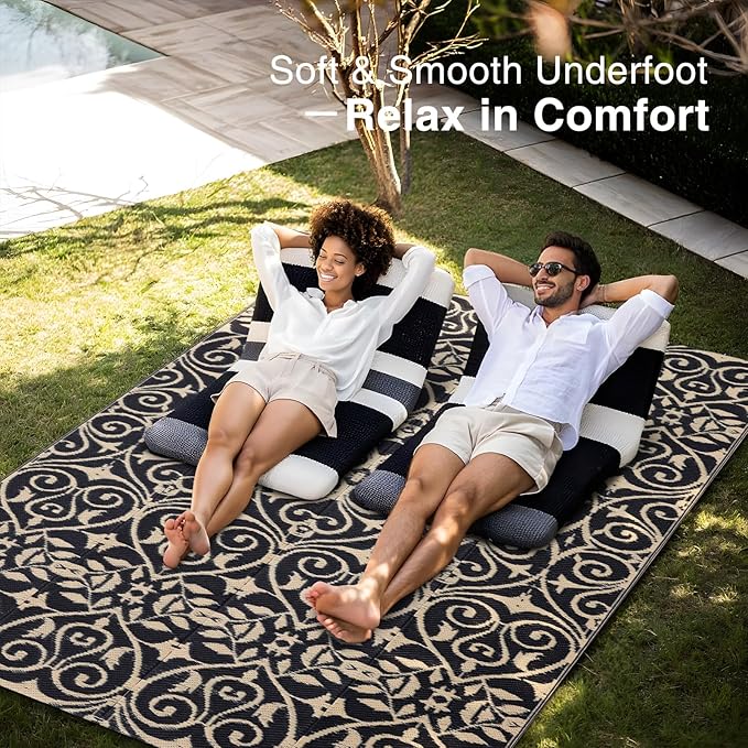 OLANLY Outdoor Rug Waterproof 5x8 ft Clearance, Reversible Outdoor Plastic Straw Rug with Floral Pattern, RV Mat for Patio, Camping, Balcony, Deck, Backyard, Black & Beige
