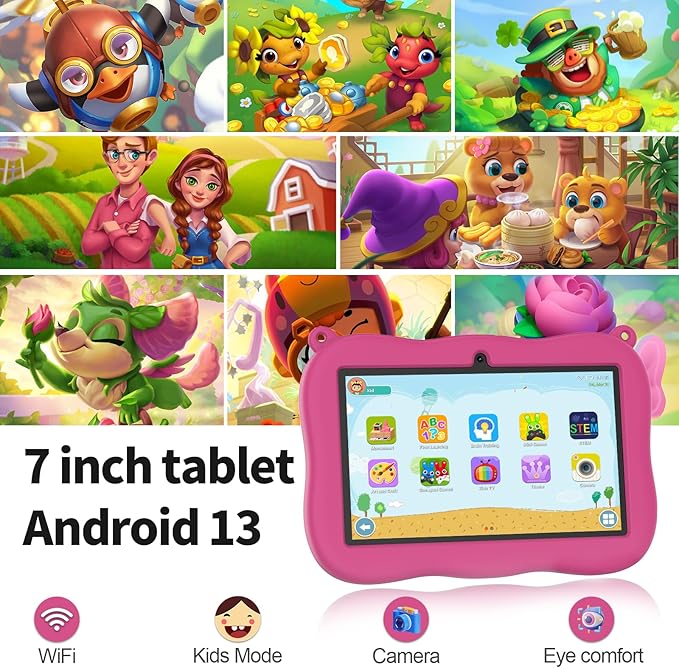 VASOUN 7 inch Kids Tablet with Strap, Android 13 with 32GB Toddler Tablet,WiFi, Dual Camera,Time Limits, Age Filters,Parental Controls,Kids Software Pre-Installed with Silicone Case (Pink)