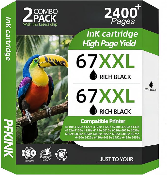 67XXL Black Ink Cartridge Replacement for HP Deskjet 4100 4100e 4152e 4155 4155e Envy 6000 6055e 6055 6400 6458 6458e 6452 6455e Printers (2 Black)