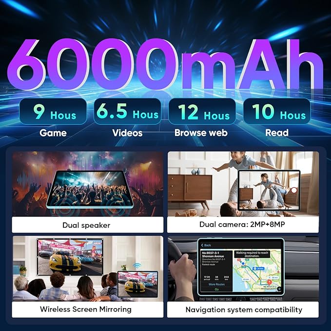 Tablet, Android 15 Tablets with 10.1 inch HD Display, 128GB Storage 1TB Expand, Octa-Core Processors, 6000mAh, Widevine L1, GPS, Dual Camera, WiFi 5, BT5.0 (Blue)