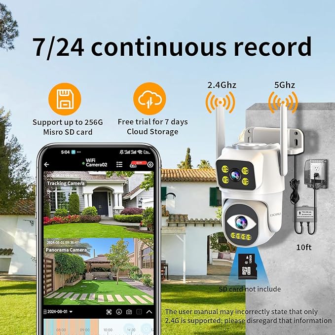 Dual Lens Cameras for Home Security,2.4G/5G PTZ Outdoor Plug-in Camera,Motion Tracking,Night Vision,24/7 Continous Recording,Work With NVR/DVR Surveillance System,Weather Proof,SD/Cloud Storage
