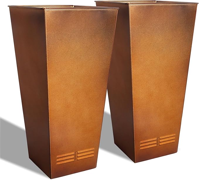 Worth Garden 28" H. Large Metal Planter Set of 2, Classic Matte Bronze Retro Finish Tall Square Tapered Steel Flower Plant Pots for Indoor & Outdoor Use - Insert Plate with Drain Holes, Air Vents