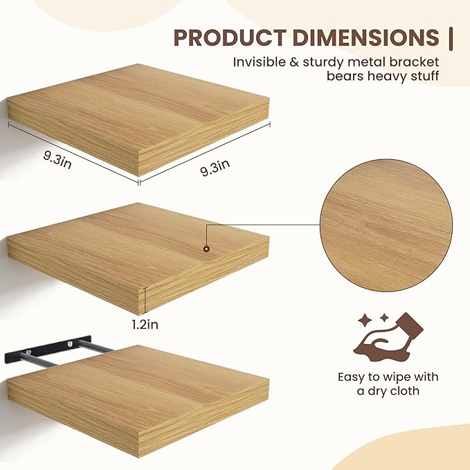 Fun Memories Floating Shelves for Wall - 9.3 Inch Square Shelves with Invisible Brackets, Small Wall Shelf for Living Room, Bathroom, Bedroom, and Kitchen Decor，Set of 3