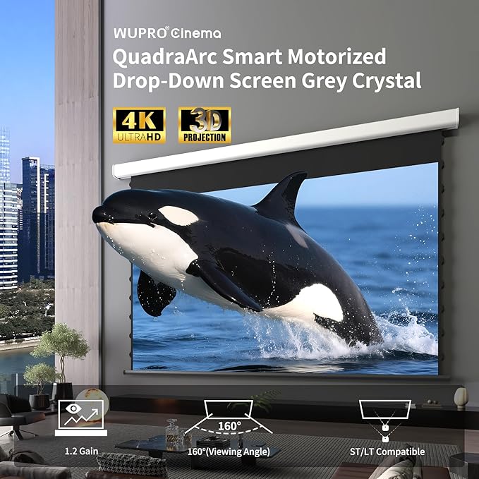 QuadraArc Motorized Projector Screen, Gray Crystal 4K Electric Drop Down Screen, Wall & Ceiling Mount, Compatible with ST/LT Projectors up to 1600 ANSI Lumens 92"