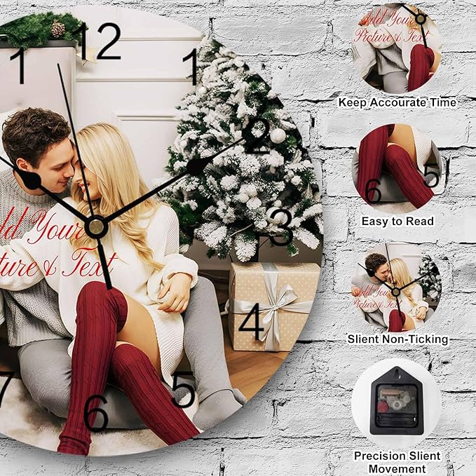 Personalized Clocks with Picture/Text, Custom Photo Silent Wall Clock Non Ticking, Wall Clocks Decorations for Kitchen, Bedroom, Living Room, Idea Gifts for Him Her Christmas (10", 12", 14")