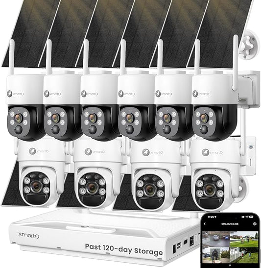 XMARTO QHD Wire-Free Solar Security Camera System Outdoor/Indoor Wireless, Pan Tilt Zoom, 4K Long Range WiFi 6 Surveillance DVR Kit, Long-Lasting Solar Battery Home CCTV 10-CAM Set w. 120-day Storage