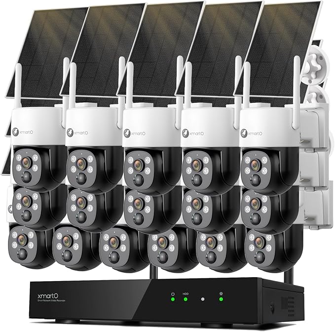 xmartO 100% Wire-Free PTZ Solar Home Security Camera System Wireless, 16-Set 2K 4MP QHD CCTV Camera Kit with 4k 16CH Expandable Wi-Fi 6 NVR Screen, All-Weather Solar Charge