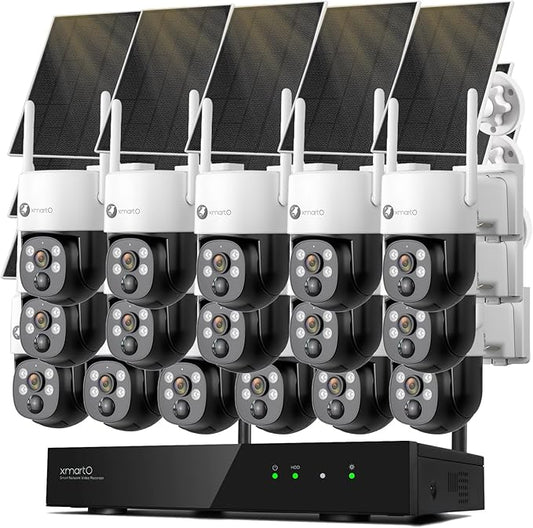 xmartO 100% Wire-Free PTZ Solar Home Security Camera System Wireless, 16-Set 2K 4MP QHD CCTV Camera Kit with 4k 16CH Expandable Wi-Fi 6 NVR Screen, All-Weather Solar Charge