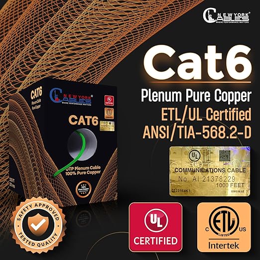 NewYork Cables | CAT6 Plenum Cable 1000ft UL/ETL Listed, 100% Pure Copper, UTP, 550MHz, 23AWG, 4Pair 10GB Ethernet Cable | Certified CMP-Rated Fire-Resistant (1000ft, Pure Copper UL Listed, Green)