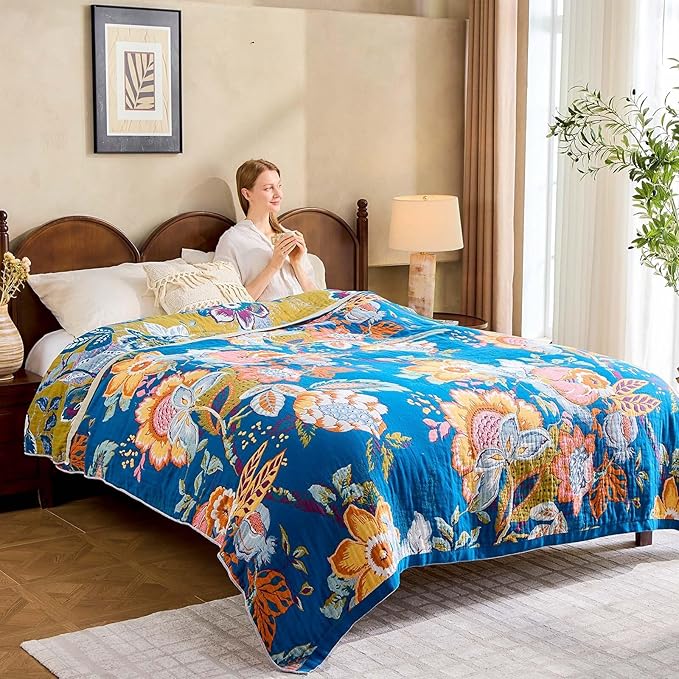 Boho Throw Blanket, Blue Lightweight Blankets for Summer, 100% Cotton Bohemian Decorative Throw Blanket, 90"x98" Reversible Muslin Breathable Woven Farmhouse Blankets Quilt,