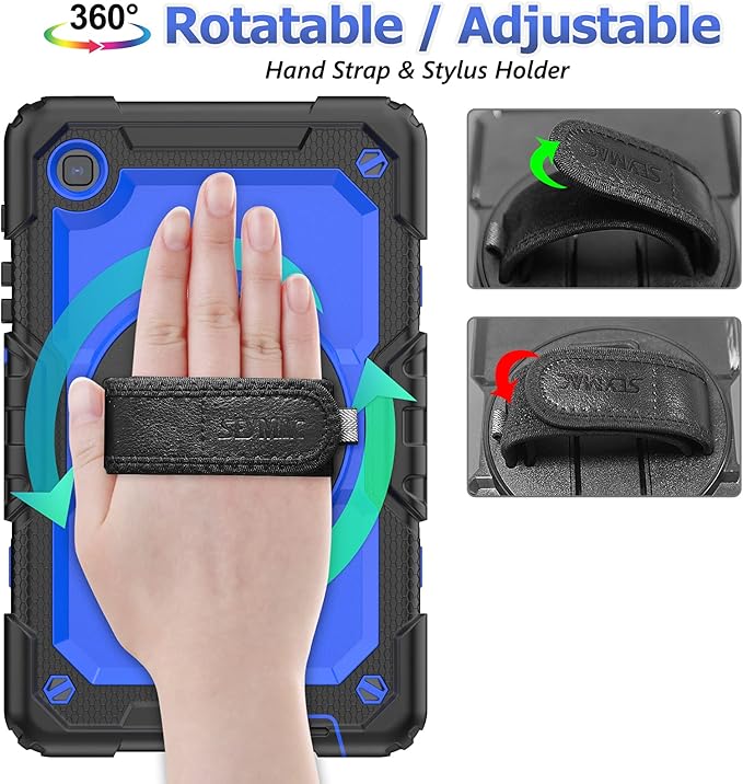 SEYMAC stock Case for Samsung Galaxy Tab A7 Lite 8.7'' with Screen Protector Pencil Holder [360 Rotating Hand Strap] &Stand, Drop-Proof Case for Samsung A7 Lite 2021 SM-T220/T225/T227, Blue/Black