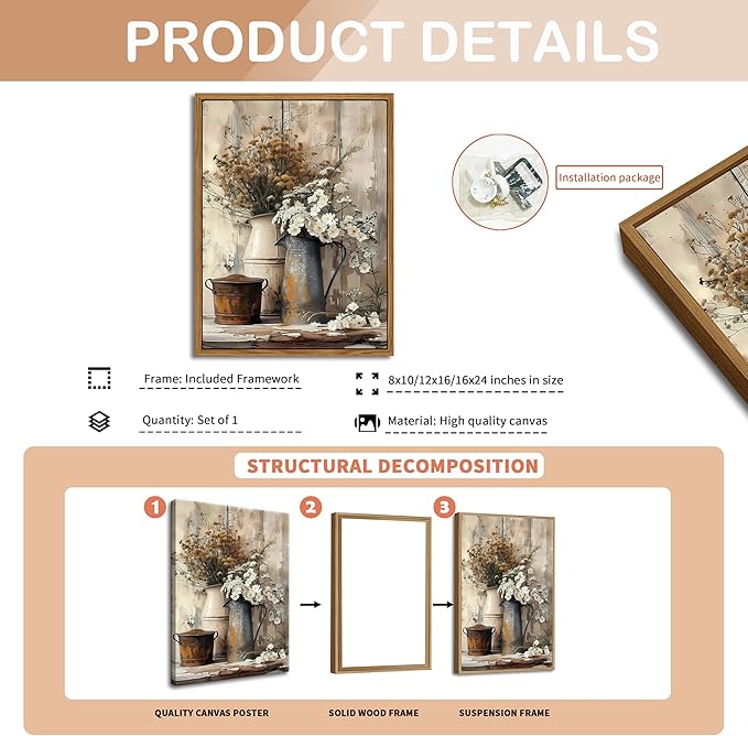 Floating Framed Farmhouse Vintage Canvas Wall Art, Country Floral Daisy Pictures Wall Decor, Wood Grain Art Paintings Poster for Living Room Bedroom Bathroom Rustic Decor 12x16 inch