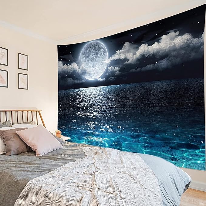 LB Moon Over Ocean Tapestry, Night Sky Tapestry Wall Hanging,3D Fantasy Psychedelic Watercolor Wall Art for Bedroom Living Room Dorm Home Decor,48 x 36 Inches