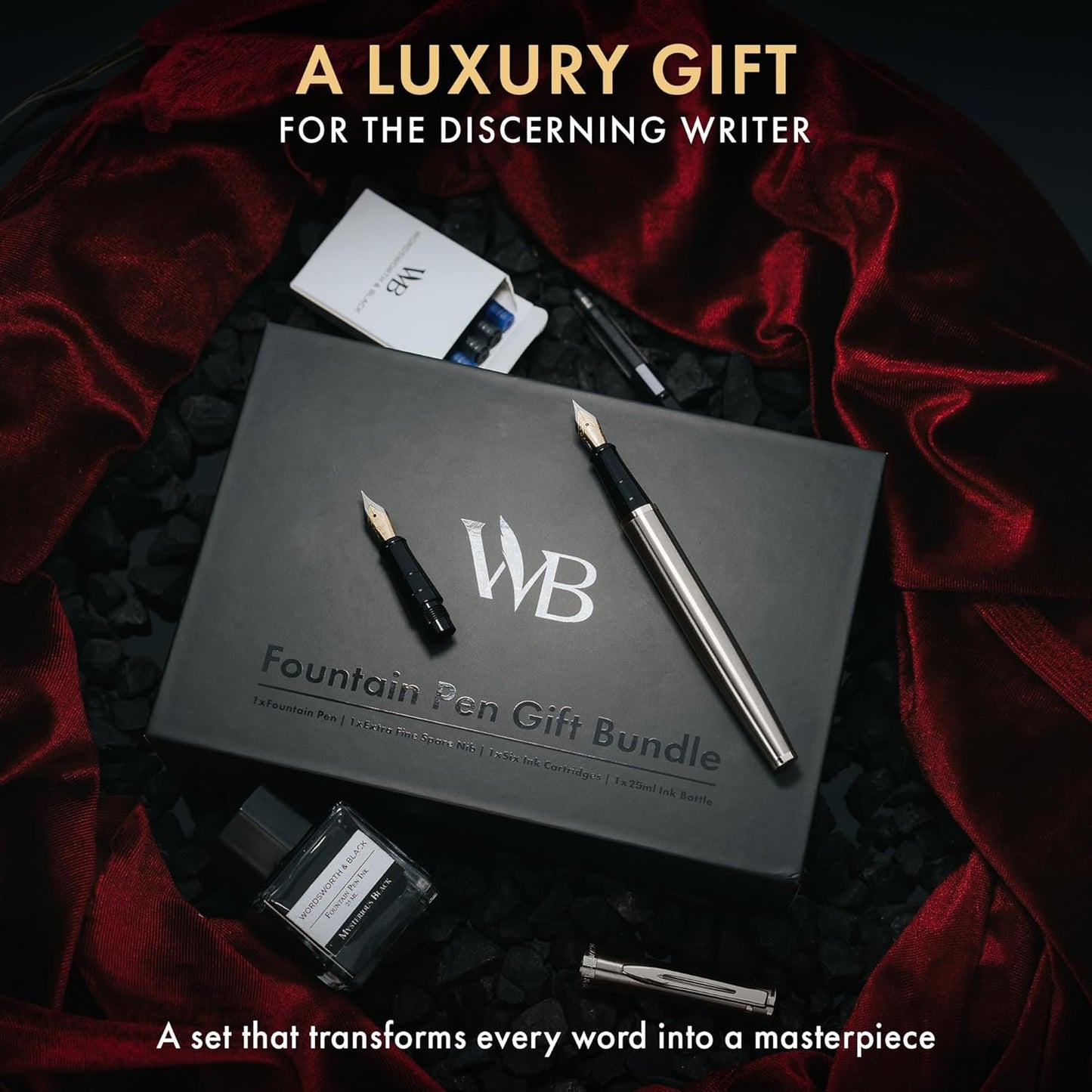 Wordsworth & Black Fountain Pen Set,18K Gilded Medium and Extra Fine Nib,25ML Black Ink Bottle,6 Ink Cartridges,Refill Converter,Gift Box,Smooth Writing Pen [Silver Chrome],Gift Set for Men and Women