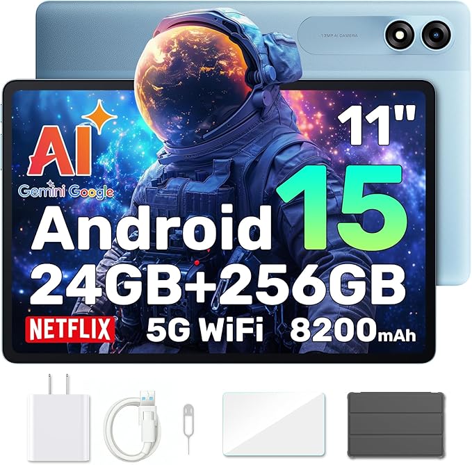 Blackview Android 15 Tablet with Gemini Ai, Android Tablet 11 inch with 24GB+256GB/2TB TF, 5G WiFi Tablets, Octa Core CPU, 8200mAh, 2K Incell Screen, 13MP+8MP Camaras/Face ID, Blue