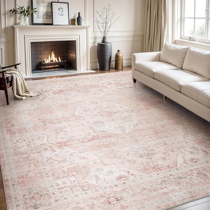 AMOAMI-Area Rug 8X10 Rugs for Living Room-Vintage Soft Pink Rugs for Bedroom-Non Slip Carpet-Washable Rug for Dining Room Living Room Bedroom Office Under Table