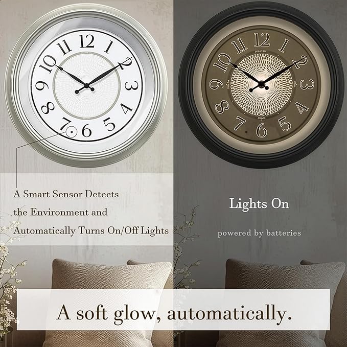 18" Large Galaxy Luminous Atomic Clock with Night Light, Lighted Wall Clocks for Bedroom or Livng Room Decor,Morning Silver Finish,House Warming Gifts New Home