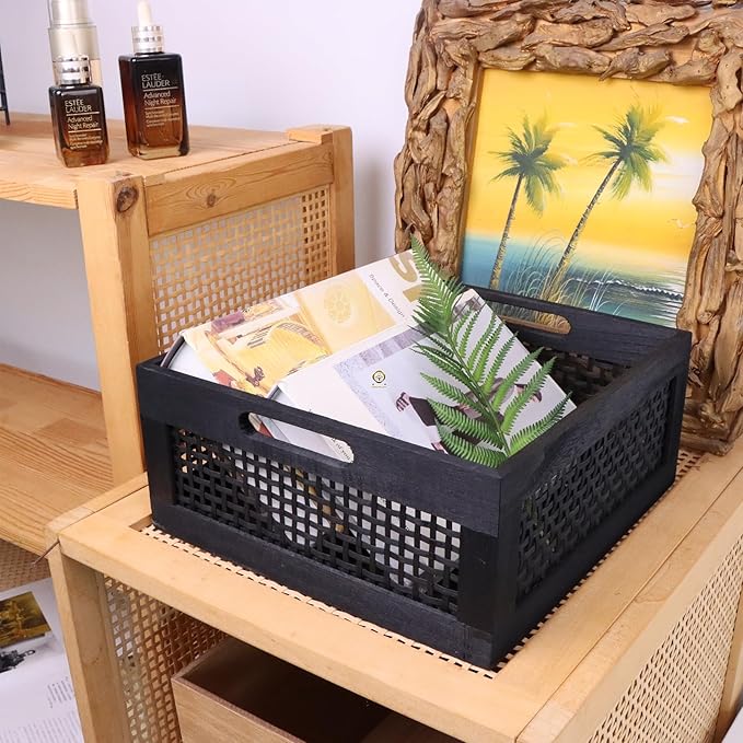 YRMT Wood Storage Crate Basket Rustic Wooden Storage Container for Organizing Decorative Bamboo Box with Handles for Pantry, Shelves Organizer 11.4" x 11.4" x 5" (Black)