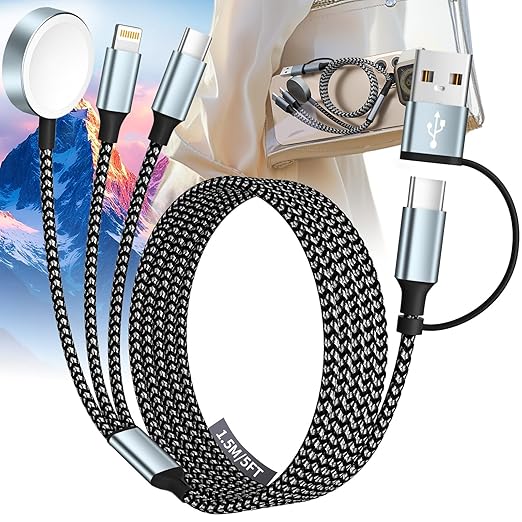 Travel 3 in 2 Charging Cable for Apple iWatch Charger, Travel Essentials UB-A/USB-C Multi Charging Cable/Cord for All Devices Compatible for iWatch Ultra/SE/10-1, iPhone16 15 14, Android-5FT