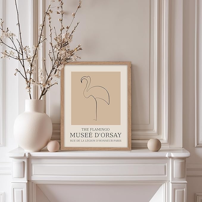 Poster Master Vintage Poster - Retro Minimalist Print - Gift for Artist, Housewarming - Flamingo, Line Drawing, Sketch, Abstract - Wall Decor for Living Room, Bedroom, 8x10 Beige Framed
