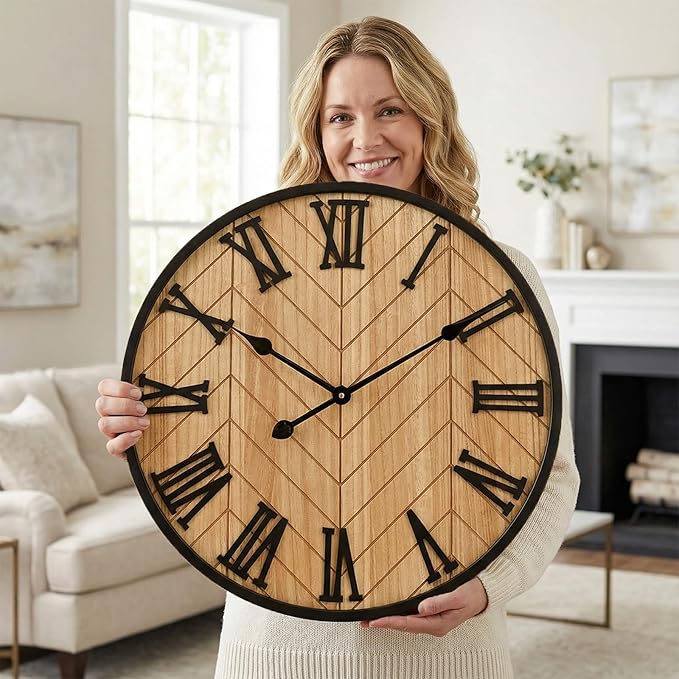 24 Inch Large Wall Clock Farmhouse Style - Brown Silent Non-Ticking Rustic Decor for Living Room, Kitchen, Bedroom