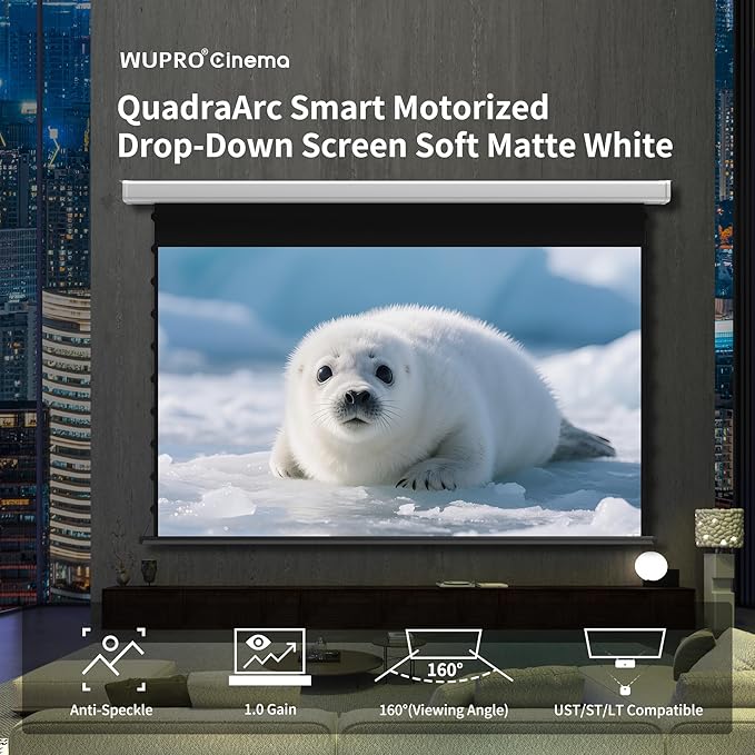 QuadraArc Motorized Drop Down Projector Screen 16:9 White Matt, Wall & Ceiling Mount, Electric Pull Down Screen with Remote Control, Compatible with All Projectors 120"