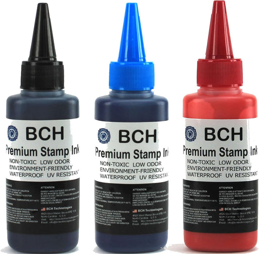 BCH Premium Stamp Ink Refill â Black, Blue & Red Ink Colors â Long-Lasting, Quick-Drying, Waterproof Ink Refill for Rubber & Self-Inking Stamps â 75 ml Each Bottle (225 ml Total)