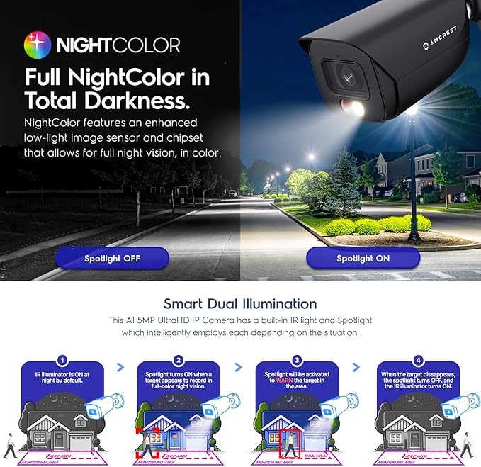 Amcrest 5MP IP PoE AI Camera w/ 49ft Color Night Vision, Security Outdoor Bullet Camera, Built-in Microphone, Human & Vehicle Detection, Active Deterrent, 129° FOV, 5MP@20fps IP5M-B1276EB-AI (Black)