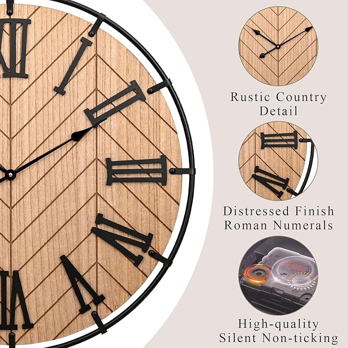 30 Inch Large Wooden Wall Clock – Extra Large FarmhouseWall Clock with 3D Roman Numerals & Herringbone Splicing, Brown Modern Wood Wall Clock for Living Room