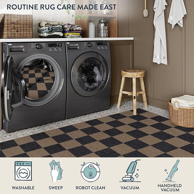Lahome Checkered Easy Jute Living Room Rugs, 5x7 Black Dining Room Office Rug Farmhouse Washable Carpet, Checkerboard Neutral Non Slip Indoor Outdoor Carpet for Bedroom Entry Patio