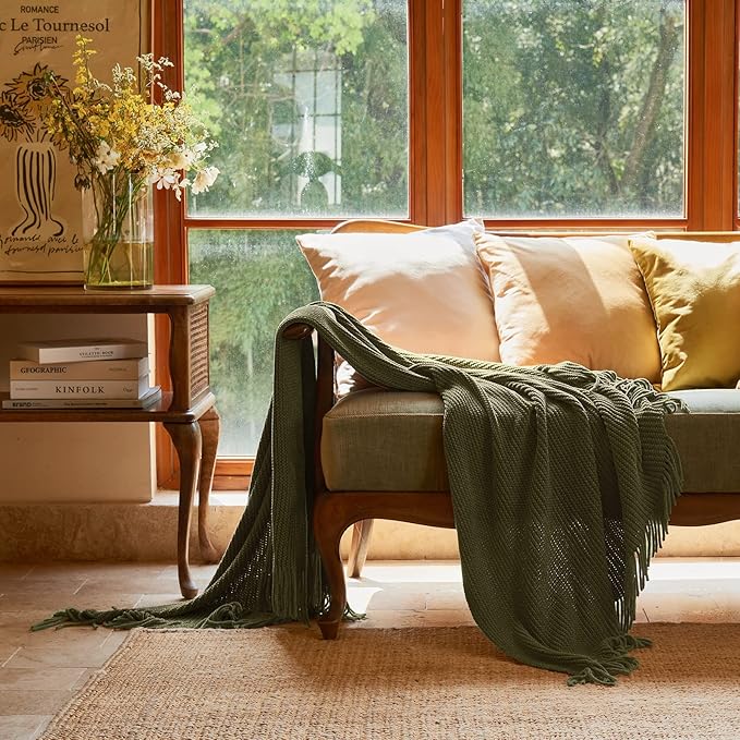 lifein Throw Blanket for Couch, Soft Green Boho Decor Bed Throw,Cozy Knitted Chenille Farmhouse Lightweight Throw for Spring(Olive Green,60 * 80")