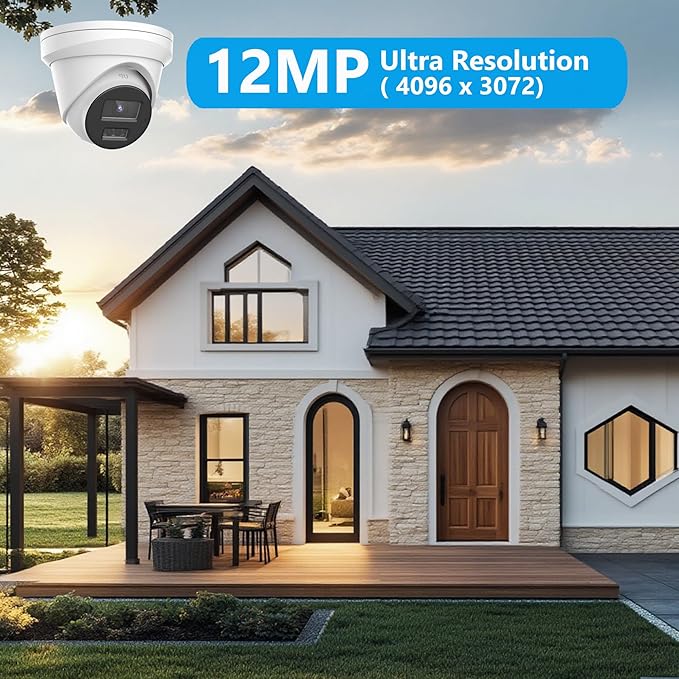 Real HD 12MP PoE IP Turret Security Camera Outdoor Wide Angle 113 Degree, IP67, Support 512G Micro-SD(NOT Included), Plug and Play with K and M Series 12MP NVR