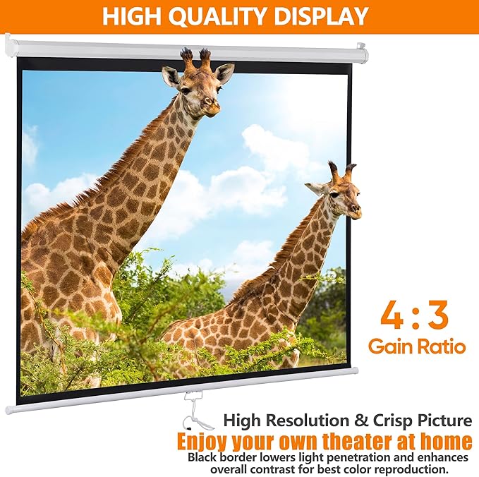 ZENY Portable Projector Screen Pull Down, 72 Inch 4:3 Video Projection Screen Home Theater, Retractable Projector Screen, Moive Screen Indoor Outdoor, Wall Mount (72'' 4:3 White)
