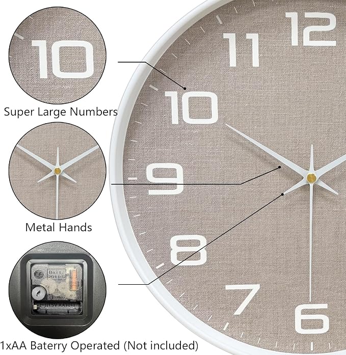 Modern Wall Clocks Battery Operated, 12 inch Silent Non Ticking Analog Clock with Large Numbers Burlap Texture Face, Tempered Glass Decorative Wall Clocks for Living Room Bedroom Kitchen Gym