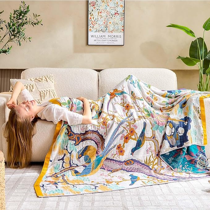 Fall Throw Blanket for Couch, Yellow Boho Decorative Throw Blanket, 100% Cotton Muslin Breathable Woven Farmhouse Blankets Quilt, 80"x90" Reversible Lightweight Blankets Bohemian Throw Quilt