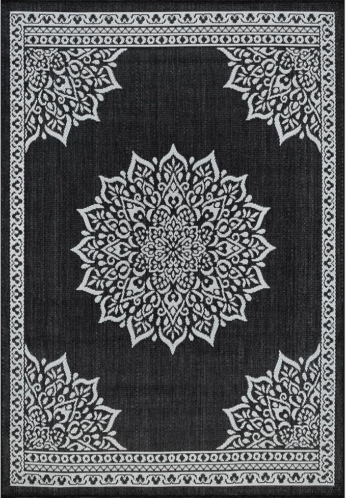 CAMILSON Outdoor Rug, 9x12 Medallion Black White Modern Area Rugs for Large Indoor and Outdoor Patios, Kitchen and Hallway Mats, Washable Porch Deck Outside Carpet (Medallion Black, 9 x 12)