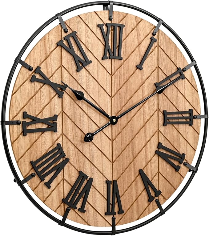 24 Inch Large Wooden Wall Clock – Extra Large FarmhouseWall Clock with 3D Roman Numerals & Herringbone Splicing, Brown Modern Wood Wall Clock for Living Room