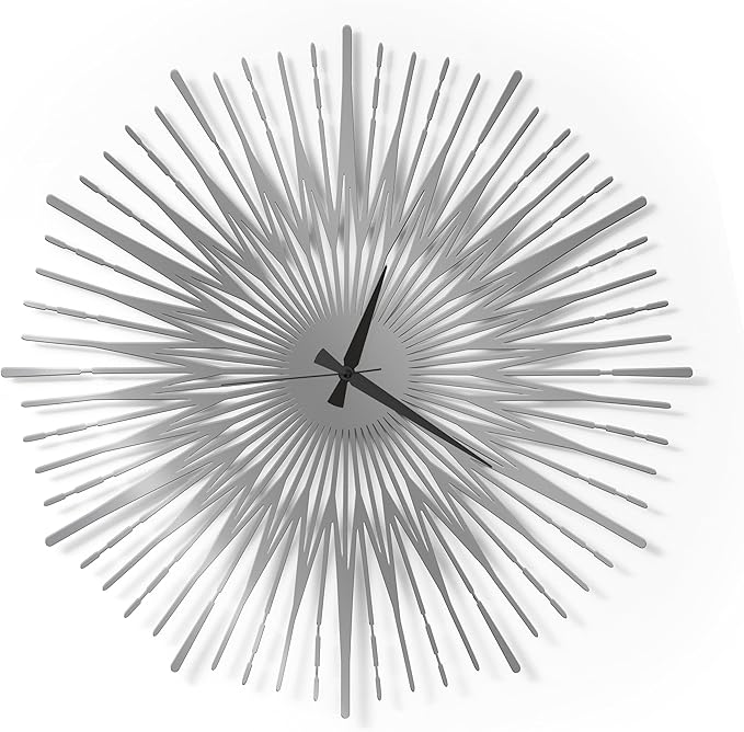Sun Rays Wall Clock, Large Metal Decorative Wall Clock, Modern Minimalist Wall Decor (Silver, Medium)