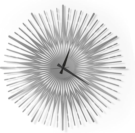 Sun Rays Wall Clock, Large Metal Decorative Wall Clock, Modern Minimalist Wall Decor (Silver, Large)