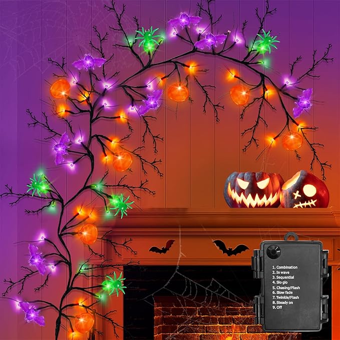 [8 Modes & Timer] 6 Ft Halloween Willow Vine Twig Decor Garland with Bats Pumpkins Spiders Lights, 54 LED Battery Operated Halloween Lights for Indoor Home Mantle Fireplace Decor