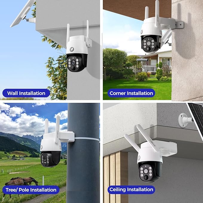 xmartO 10CH 4-CAM 4MP QHD Solar Battery PTZ Security Camera System, Solar Outdoor/Indoor WiFi Camera, 5G 10CH 4K H.265 Long Range WiFi 6 Surveillance DVR NVR Kit (Pole/Tree/Wall/Ceiling Installation)