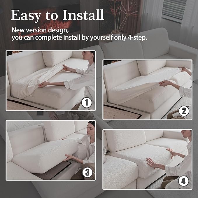 Couch Cushion Covers for Sectional Sofa, Stretch Soft Sofa Slipcovers Washable Wear-Resistant Universal Furniture Protector for Living Room(1 Piece Chaise Cover, Ivory)