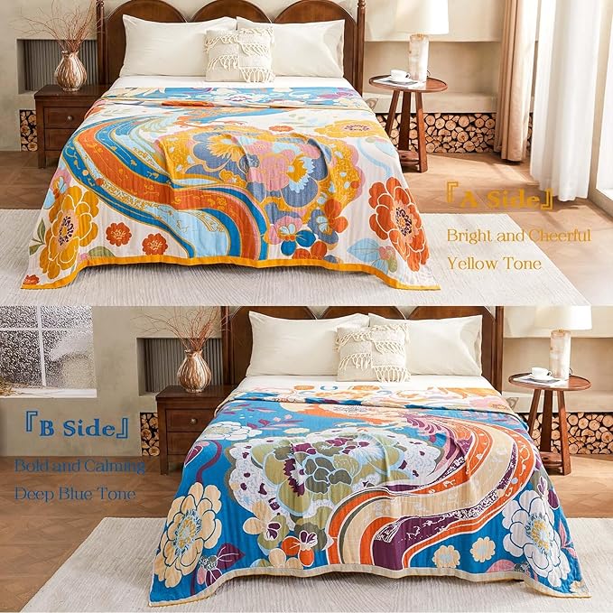 Boho Throw Blanket, Lightweight Blankets for Summer, 100% Cotton Bohemian Decorative Throw Blanket, 60"x80" Reversible Muslin Breathable Woven Farmhouse Blankets Quilt,