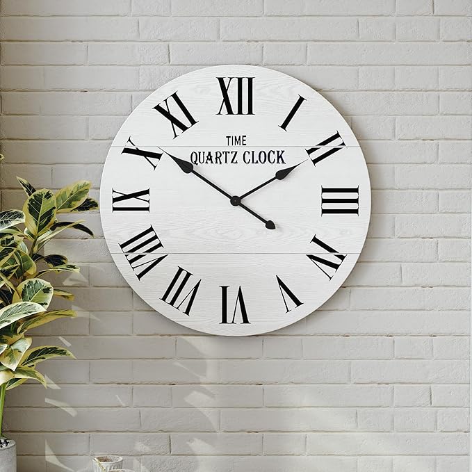 ARTPOWER Large Farmhouse Wall Clock, 24” Shiplap Wall Clock with Roman Numeral, Nearly Non-Ticking, Round Wall Clocks for Living Room Decor, Office, Bedroom, Entrance, White