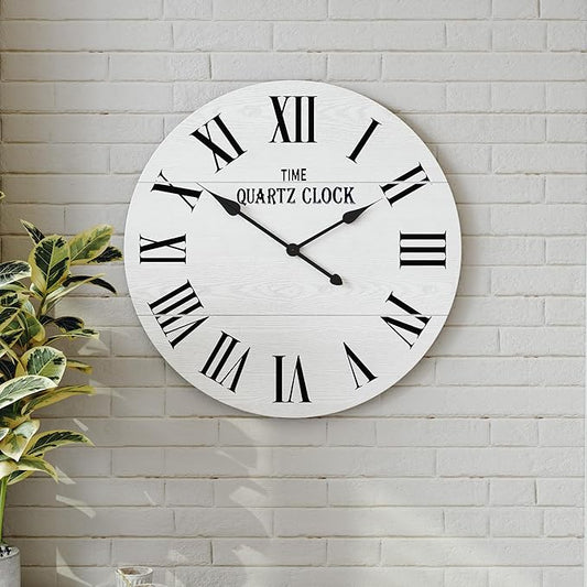 ARTPOWER Large Farmhouse Wall Clock, 24” Shiplap Wall Clock with Roman Numeral, Nearly Non-Ticking, Round Wall Clocks for Living Room Decor, Office, Bedroom, Entrance, White