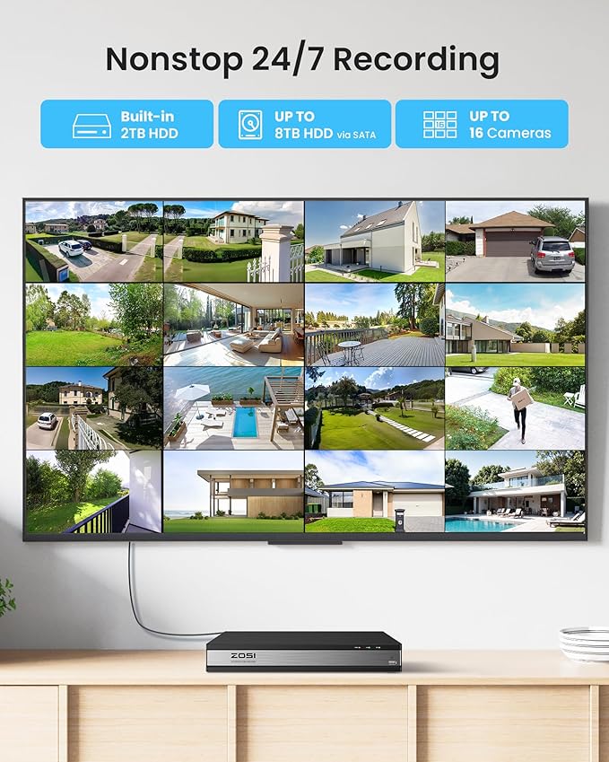 ZOSI H.265+ 1080p 16 Channel Home Security Camera Outdoor Indoor, 16CH CCTV DVR with AI Human Vehicle Detection and 8 x 1080p Surveillance Bullet Camera, 100ft Night Vision, 90° View Angle, 2TB HDD