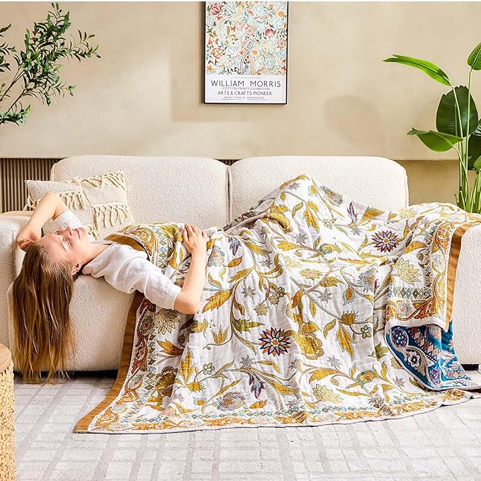Fall Throw Blanket for Couch, Brown Boho Decorative Throw Blanket, 100% Cotton Muslin Breathable Woven Farmhouse Blankets Quilt, 80"x90" Reversible Lightweight Blankets Bohemian Throw Quilt